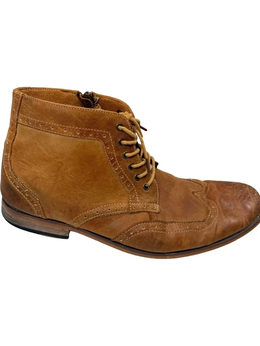 Kunsto Brogue Mens 12 Brown Leather Ankle Zip Boot Cap Toe Wingtip Western Shoe